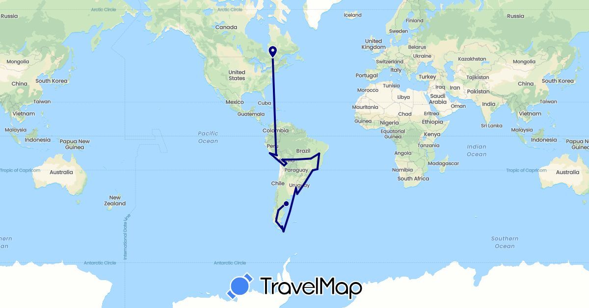 TravelMap itinerary: driving in Argentina, Bolivia, Brazil, Canada, Chile, Peru (North America, South America)